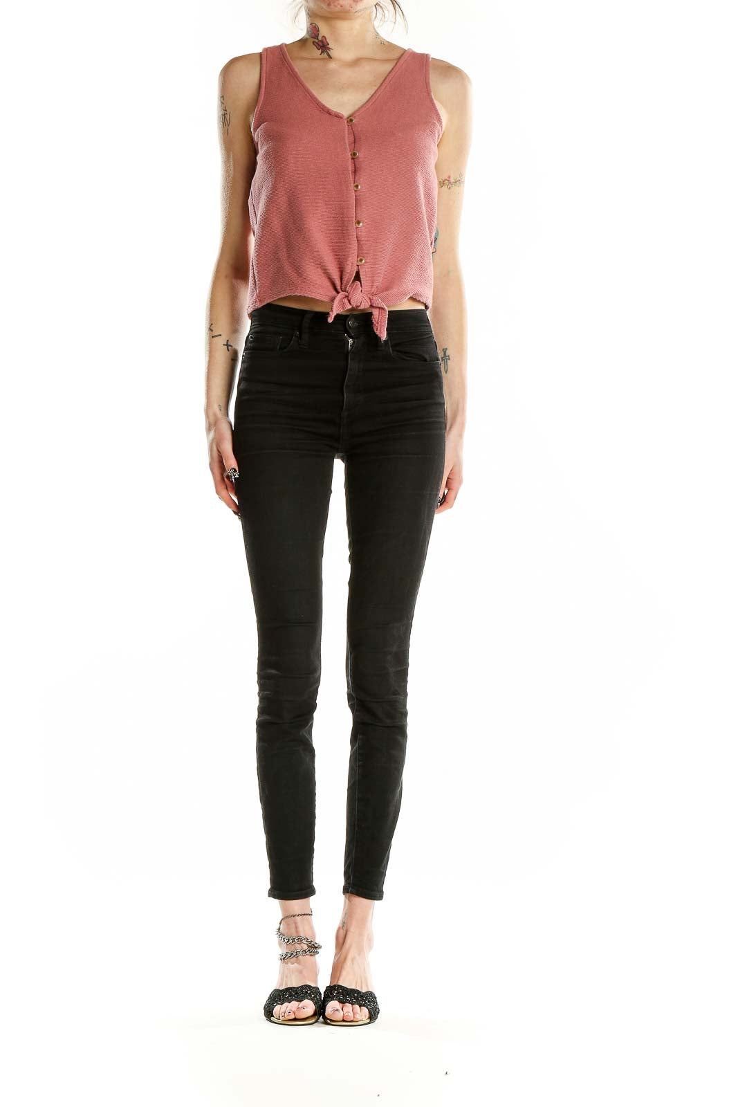 Front view of dusty rose button-front crop tank top by Texture & Thread Madewell