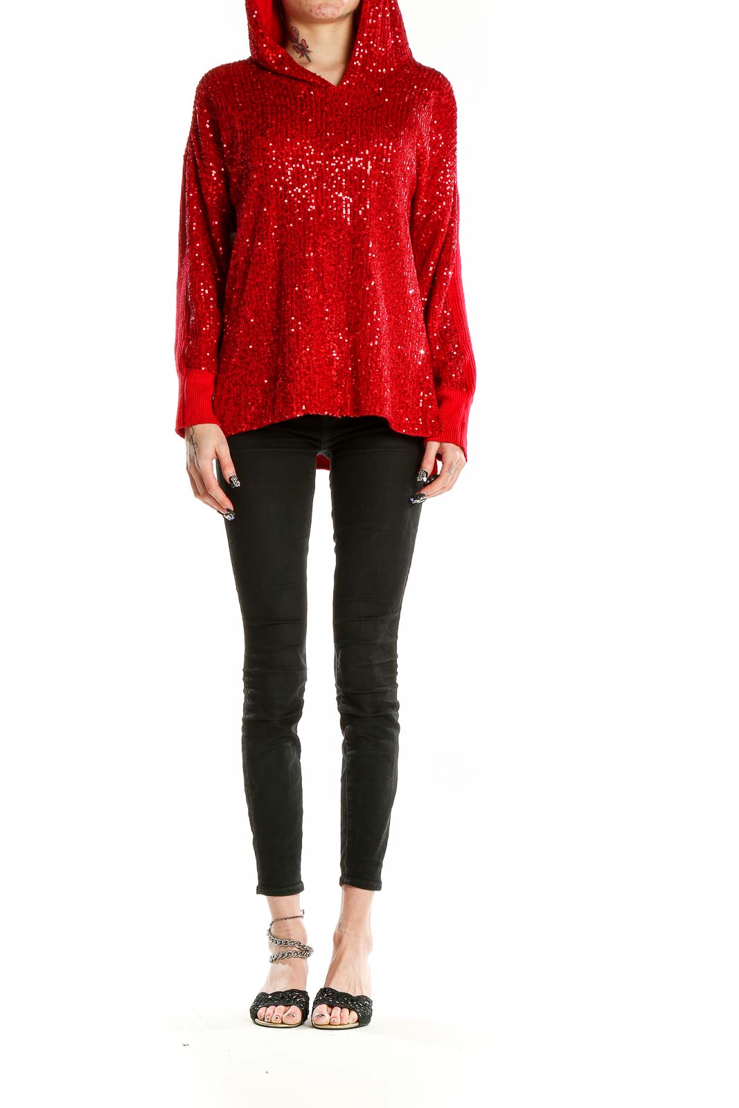 Front view of red sequined hooded sweater with all-over sparkle