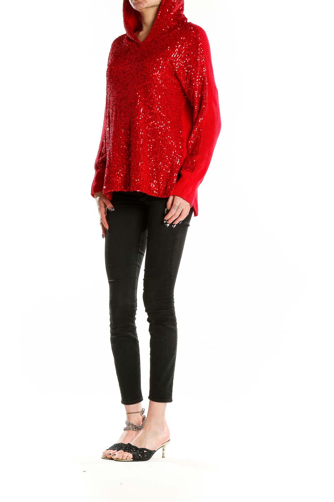 Front view of red sequined hooded sweater with all-over sparkle