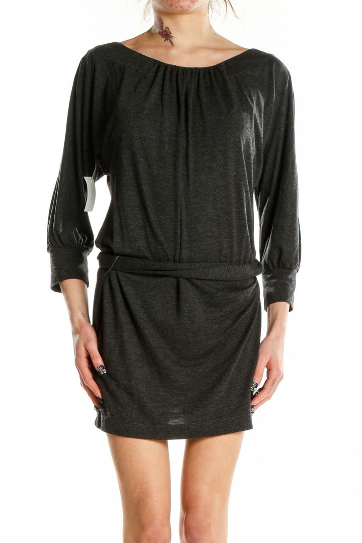 Front view of charcoal Banana Republic mini dress with blouson sleeves