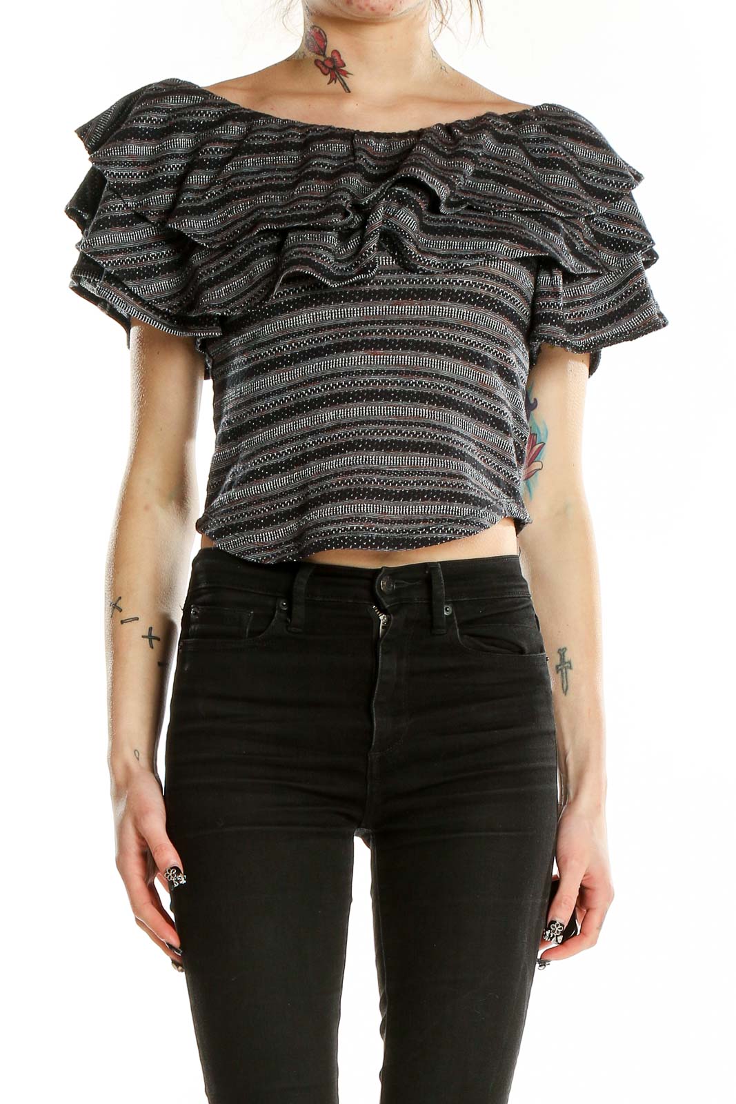 Front view of Free People gray striped ruffled off-shoulder crop top