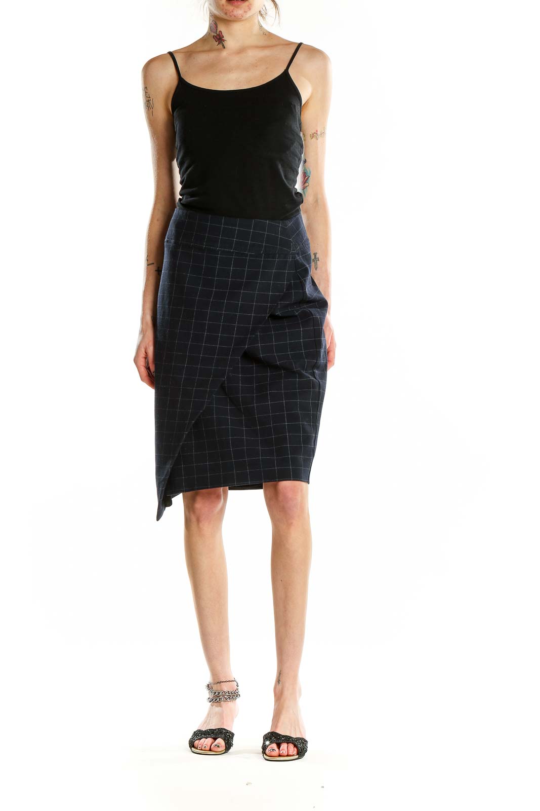 Front view of Rachel Roy Collection navy plaid asymmetrical pencil skirt