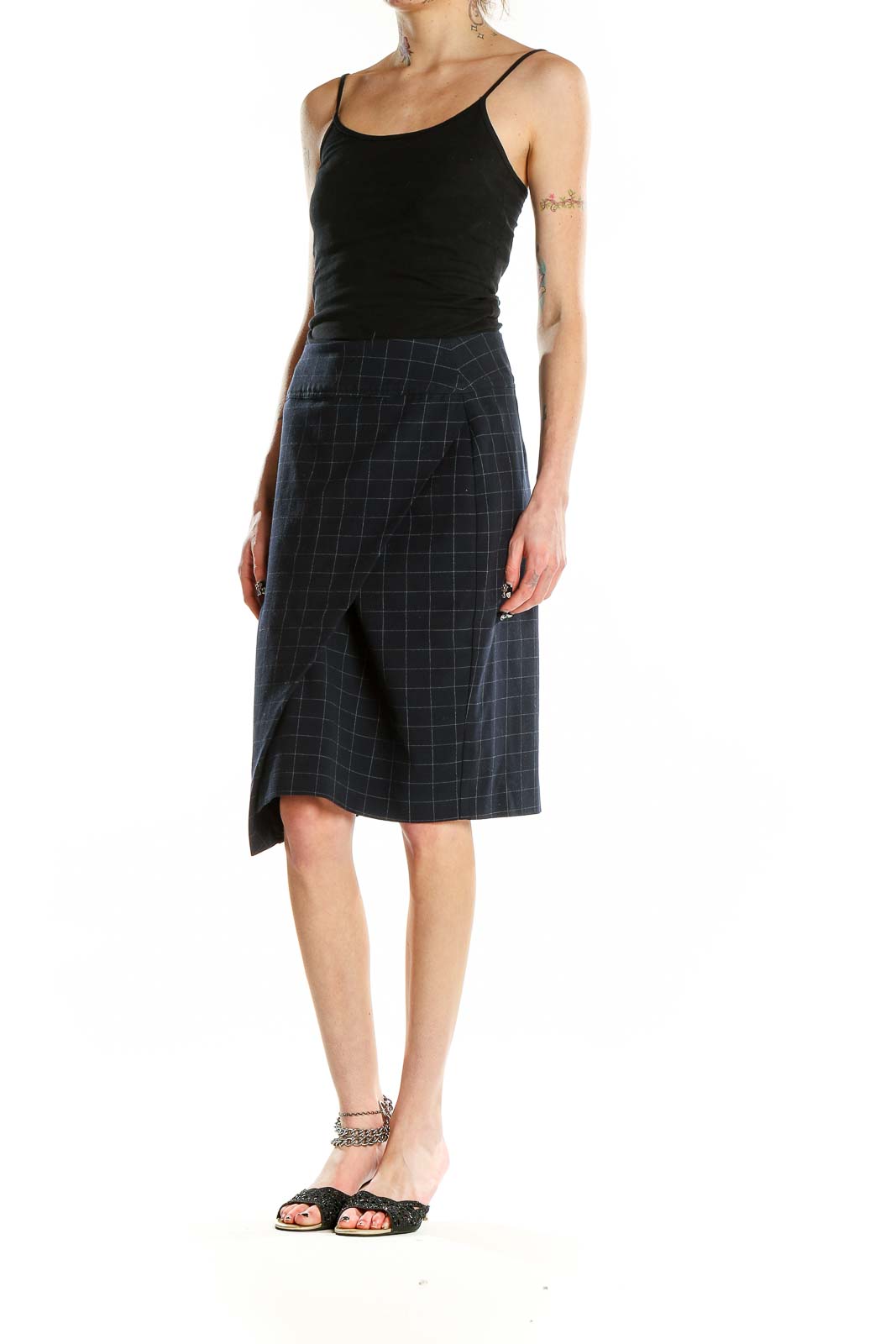 Front view of Rachel Roy Collection navy plaid asymmetrical pencil skirt