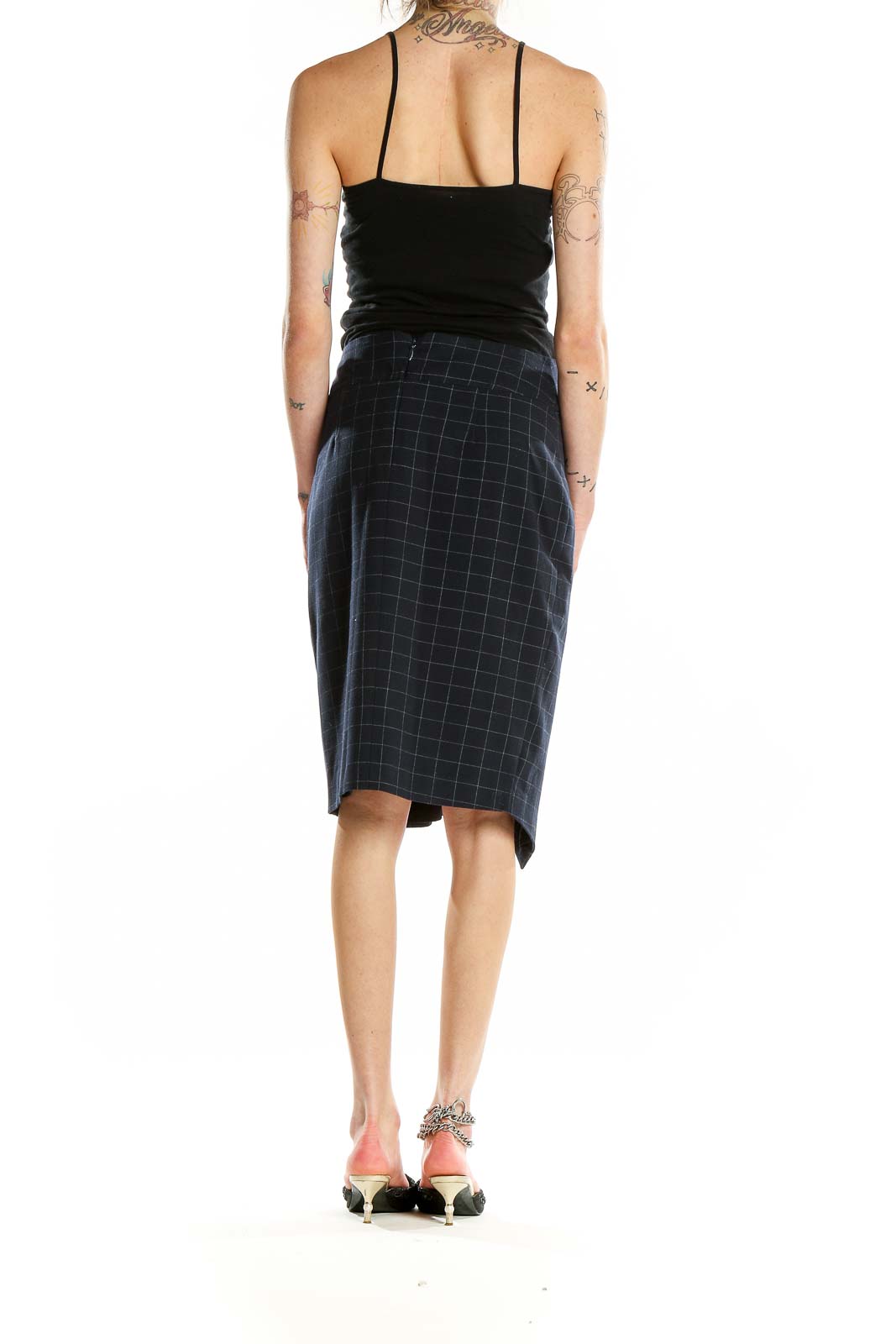 Back view of Rachel Roy Collection navy plaid asymmetrical pencil skirt on model