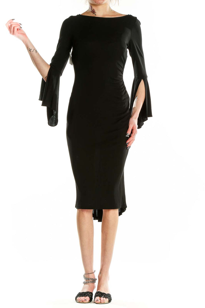 Front view of black Diane von Furstenberg midi dress with bell sleeves