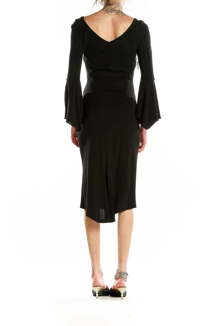 Back view of black Diane von Furstenberg midi dress showing V-back design