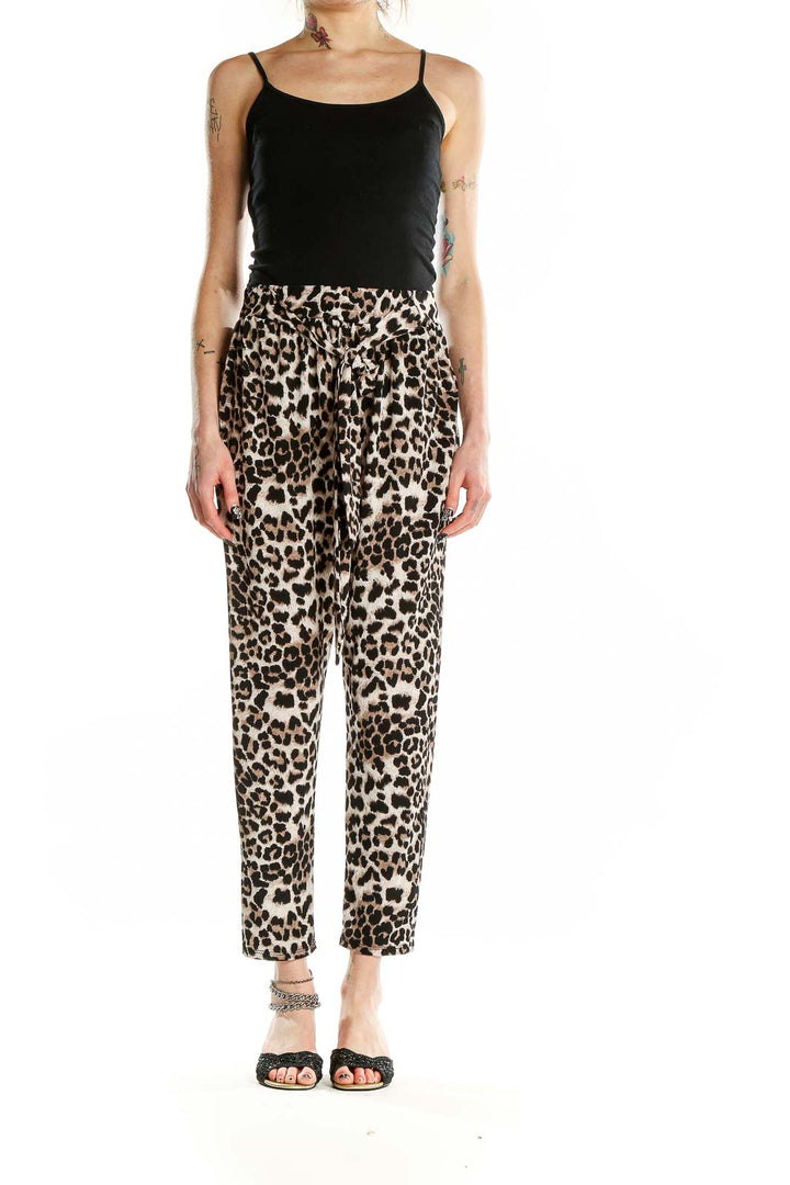 Front view of Entro leopard print tapered pants with tie-front detail