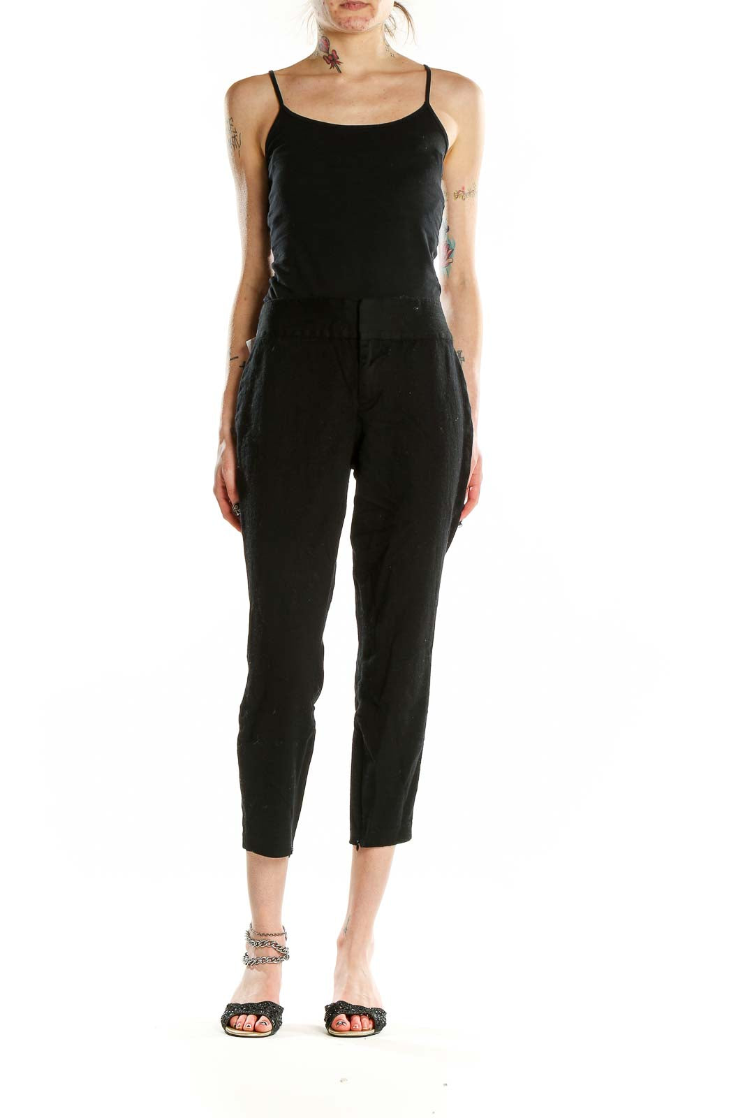 Front view of Alice + Olivia black cropped wool-blend trousers