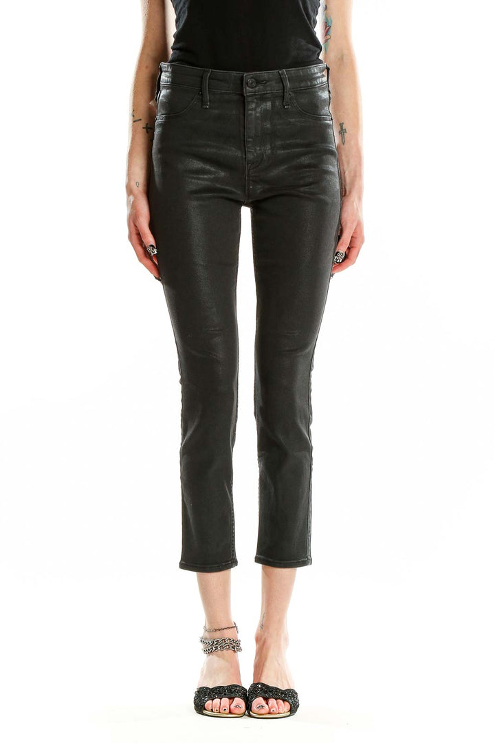 Front view of Abercrombie & Fitch black coated cropped skinny pants