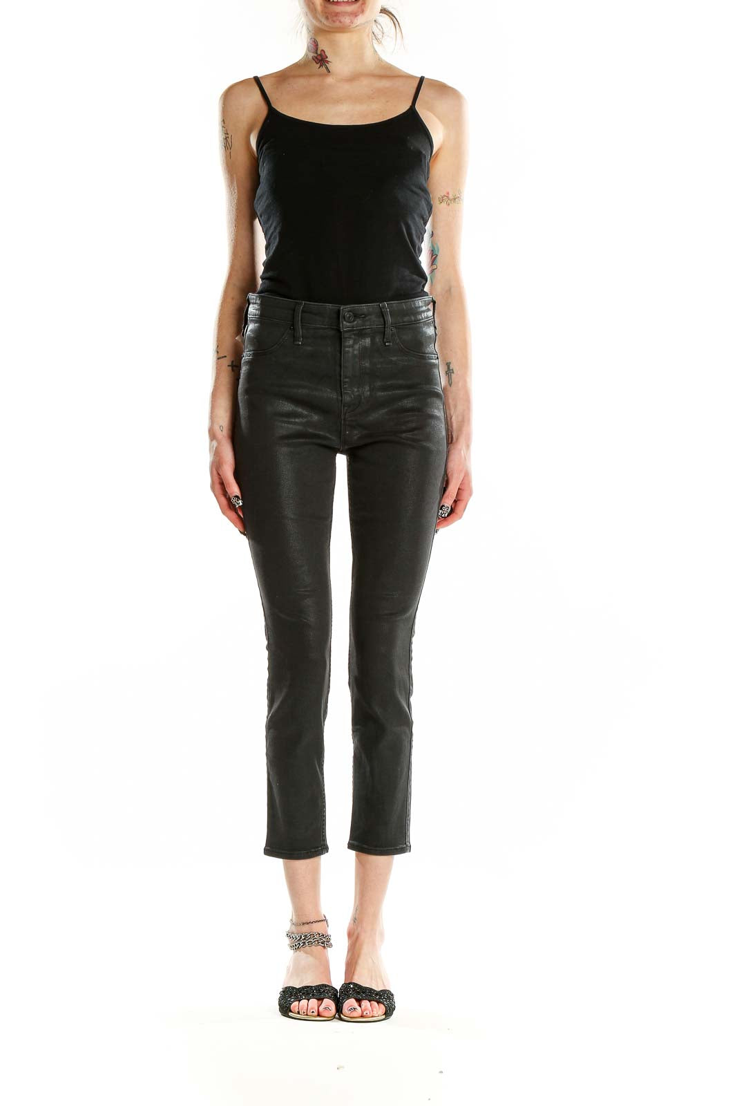 Front view of Abercrombie & Fitch black coated cropped skinny pants