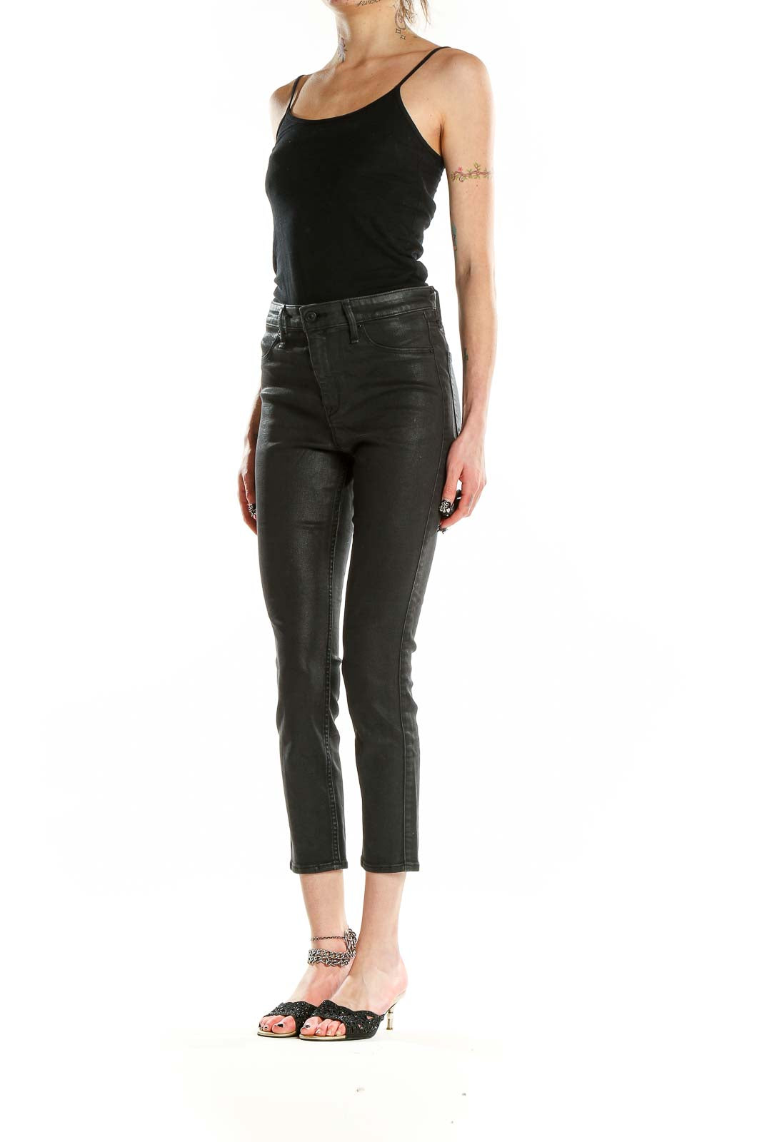 Front view of Abercrombie & Fitch black coated cropped skinny pants