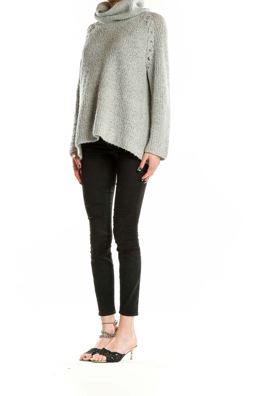 Front view of gray cowl neck sweater with lace-up shoulder details