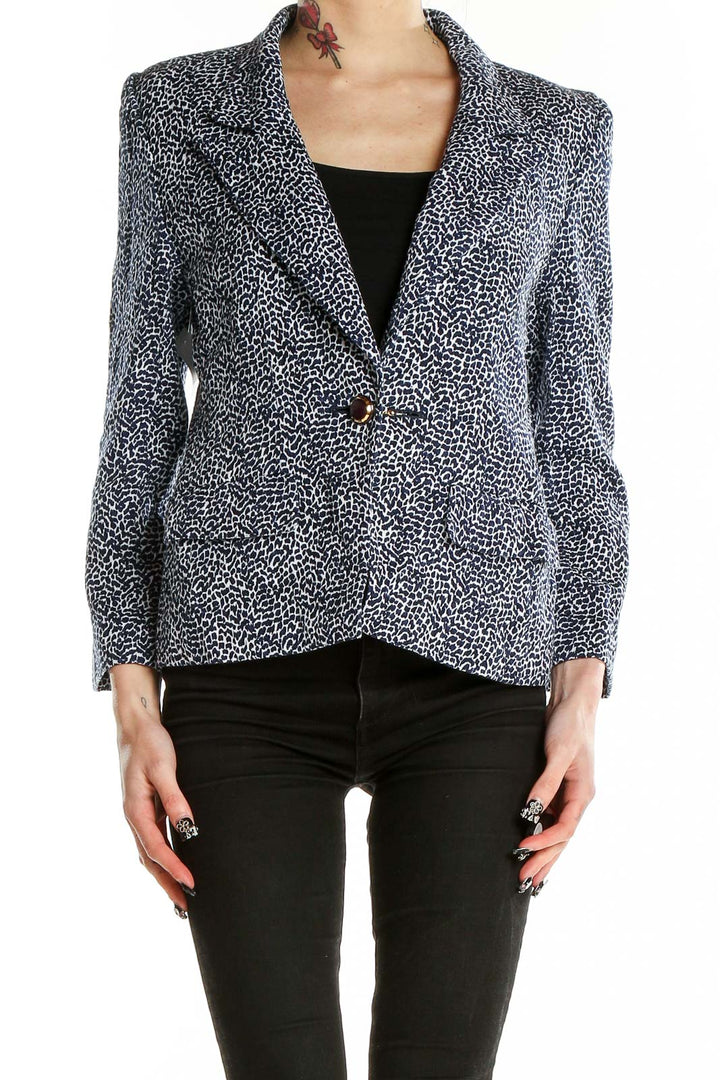 Front view of Leilian black and white speckled blazer with single-button closure