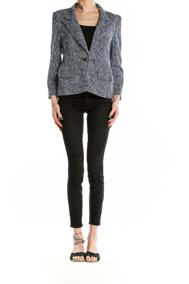 Front view of Leilian black and white speckled blazer with single-button closure