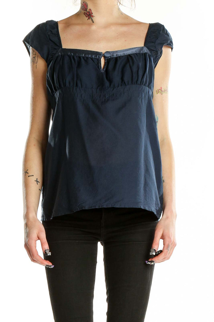 Front view of Heritage 1981 navy cap sleeve top with square neckline