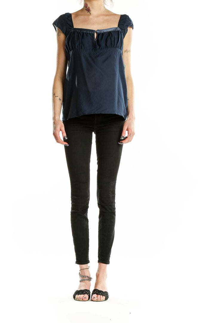 Front view of Heritage 1981 navy cap sleeve top with square neckline