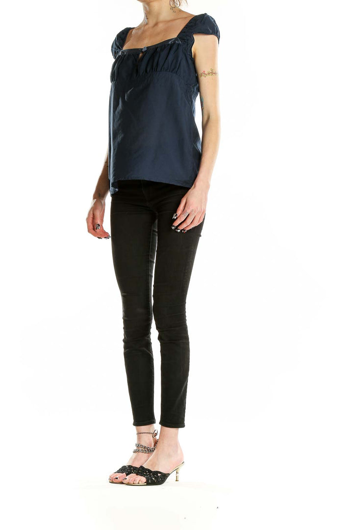 Front view of Heritage 1981 navy cap sleeve top with square neckline