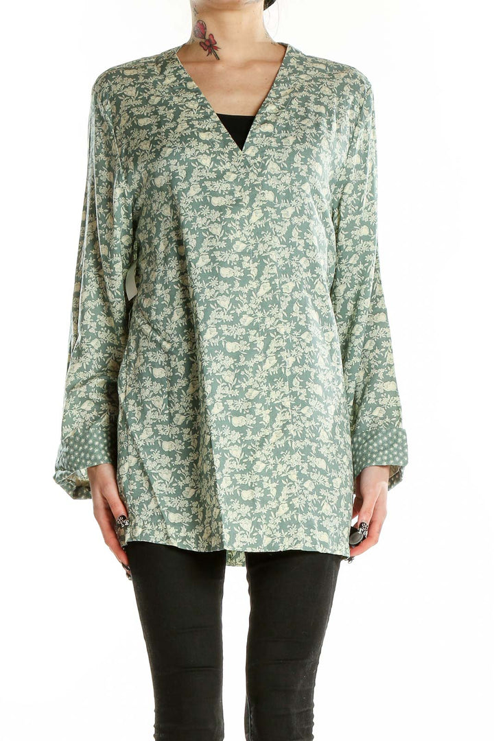 Front view of green floral print rayon tunic top by Jeni Marque