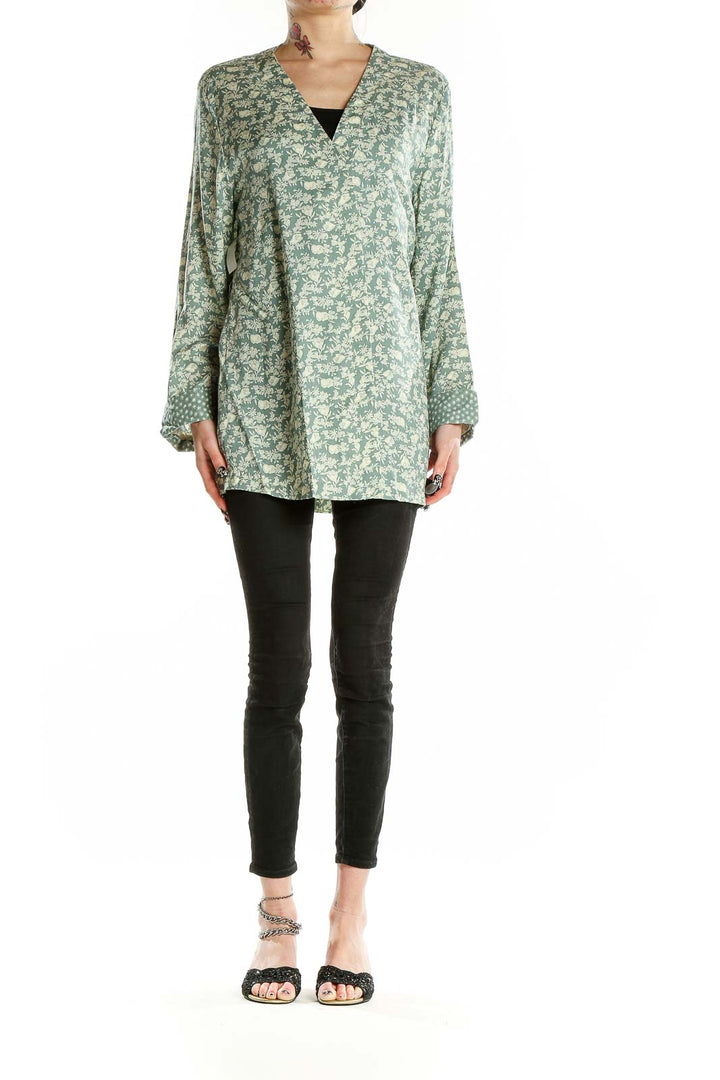 Front view of green floral print rayon tunic top by Jeni Marque