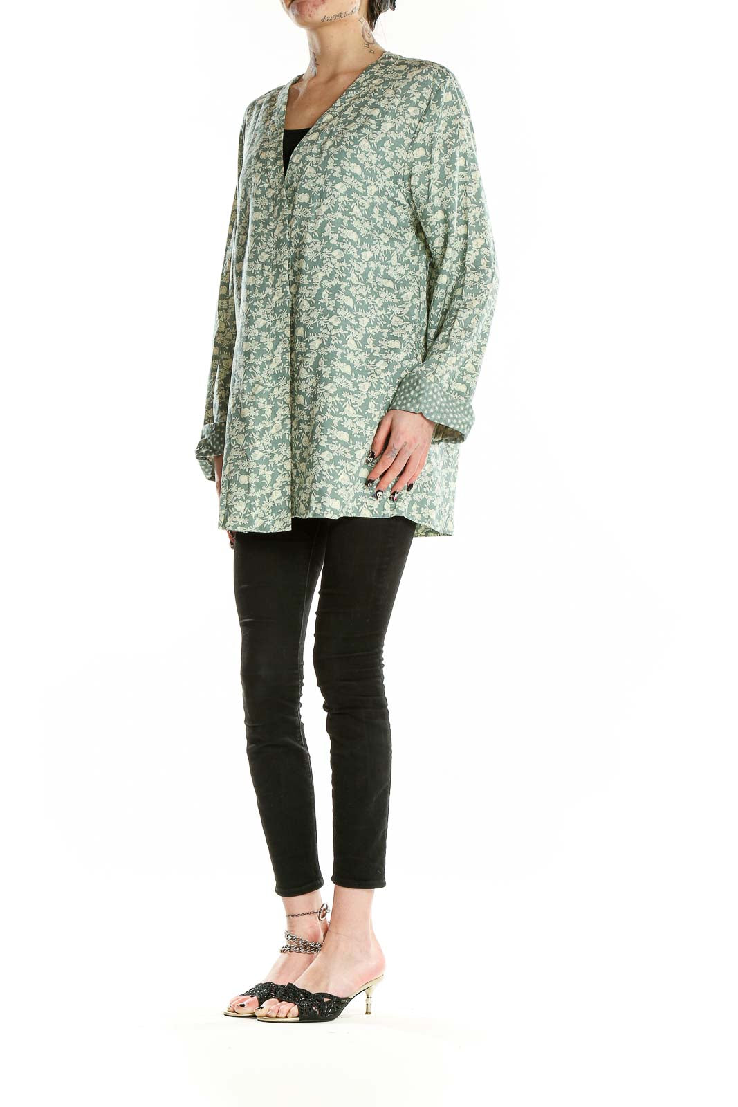 Front view of green floral print rayon tunic top by Jeni Marque