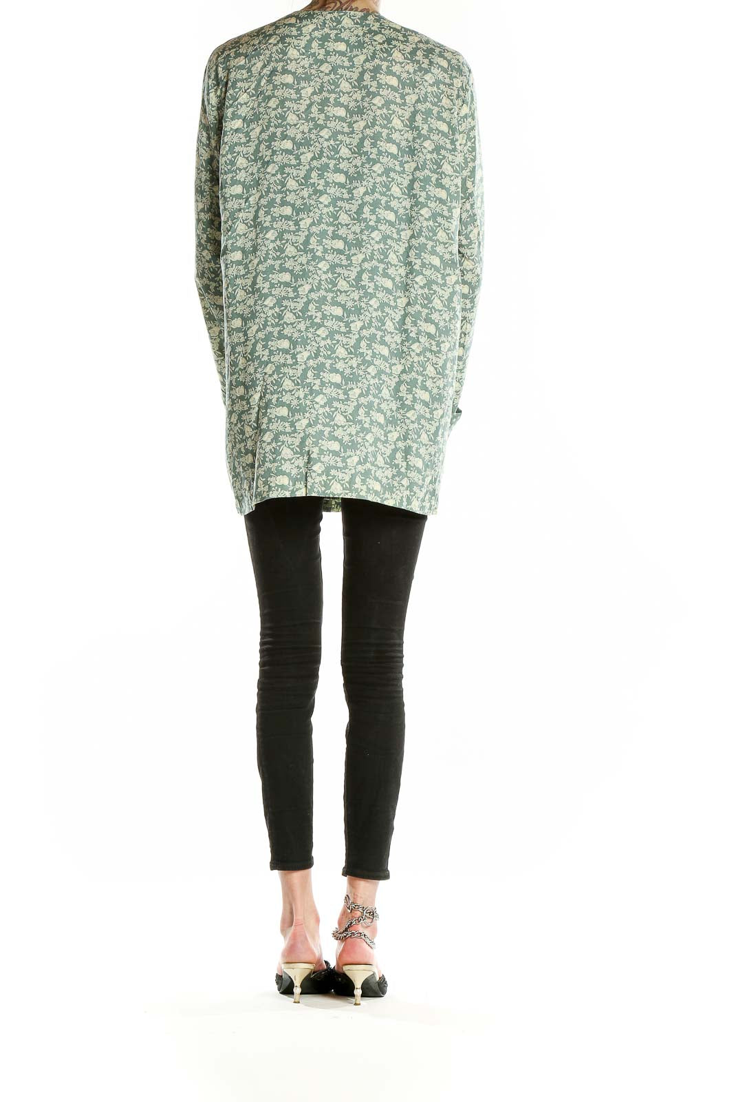 Back view of green floral print rayon tunic top by Jeni Marque