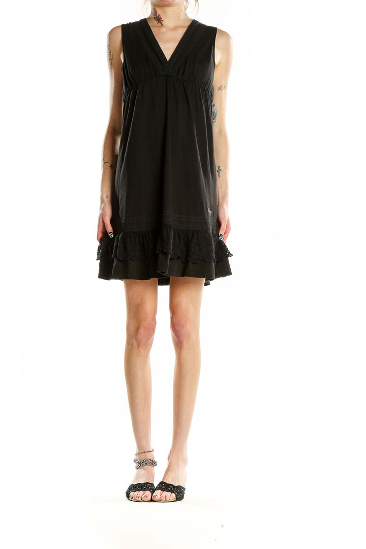 Front view of Billabong black sleeveless V-neck dress with ruffle hem