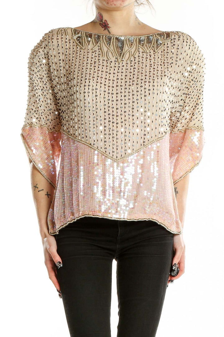 Pink Beige Vintage Beaded Blouse