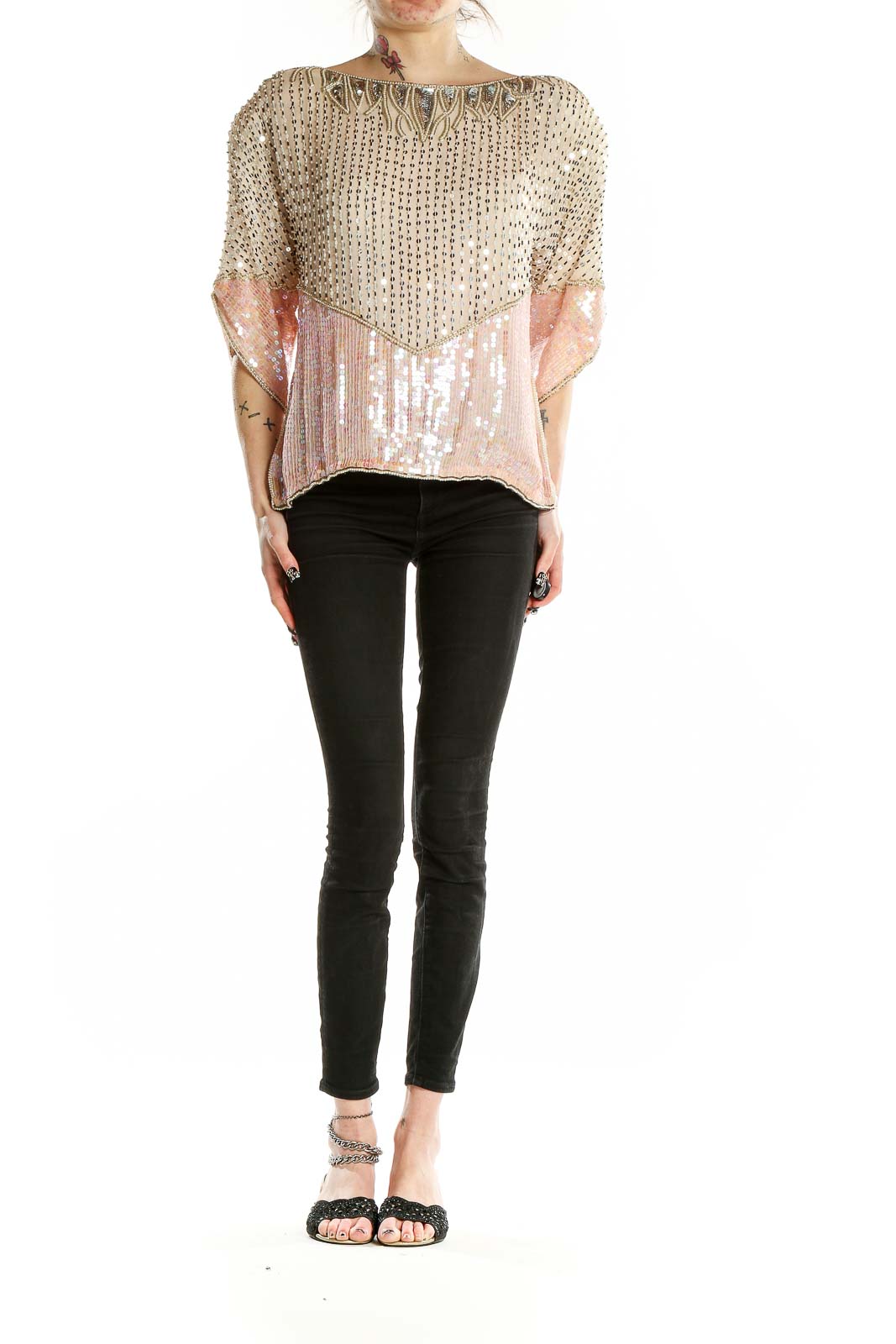 Pink Beige Vintage Beaded Blouse