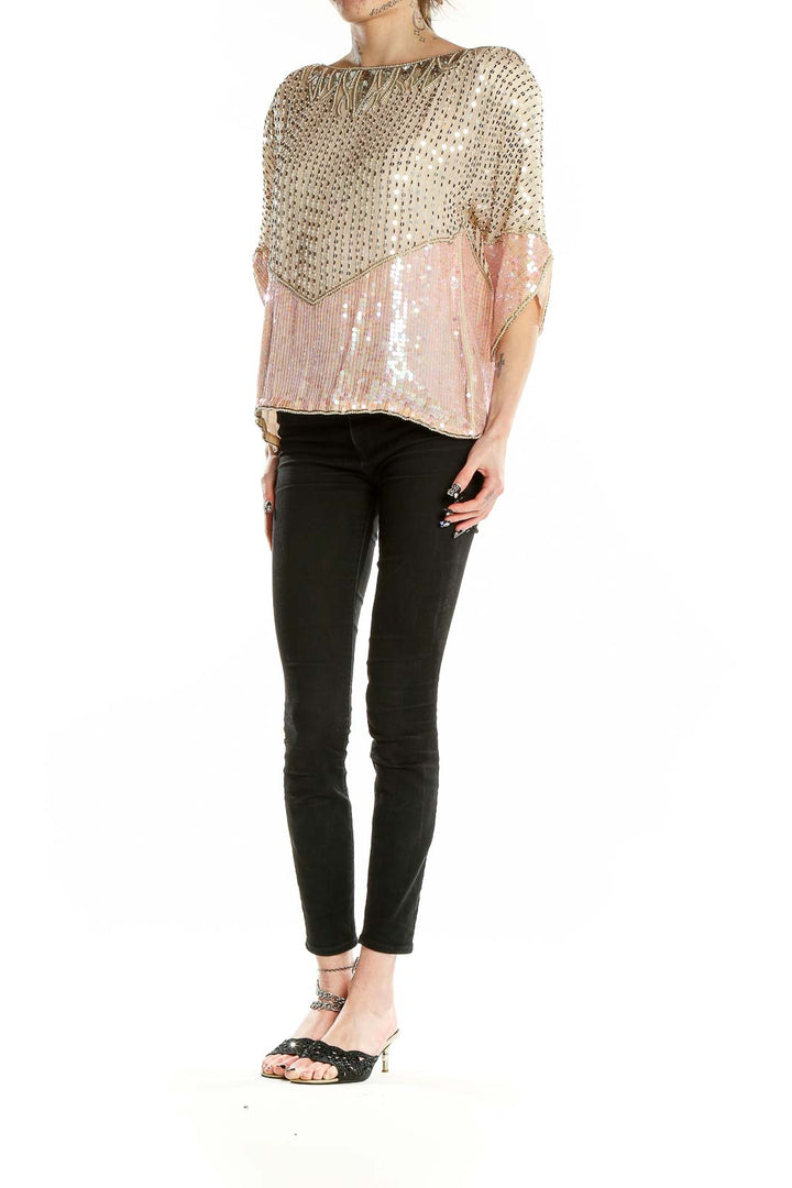 Pink Beige Vintage Beaded Blouse