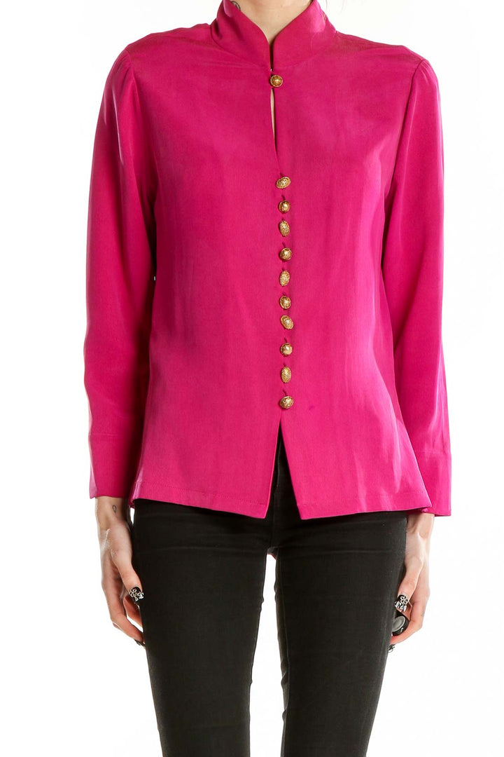 Front view of Dana Buchman hot pink silk blouse with mandarin collar and gold buttons