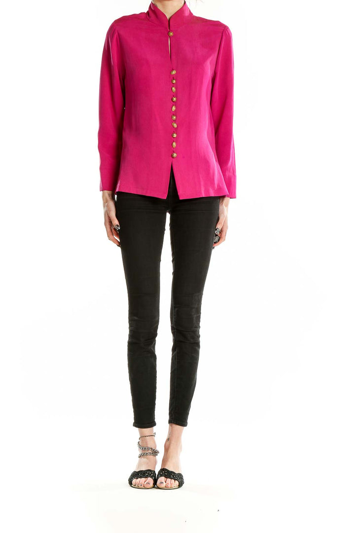 Front view of Dana Buchman hot pink silk blouse with mandarin collar and gold buttons