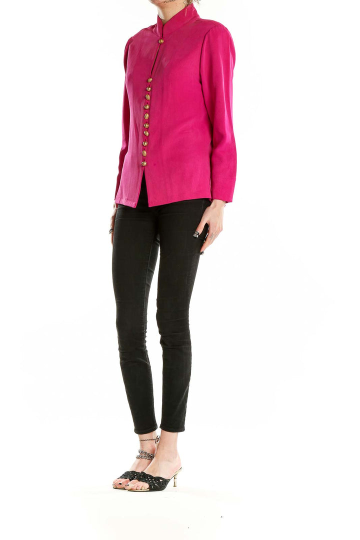 Front view of Dana Buchman hot pink silk blouse with mandarin collar and gold buttons