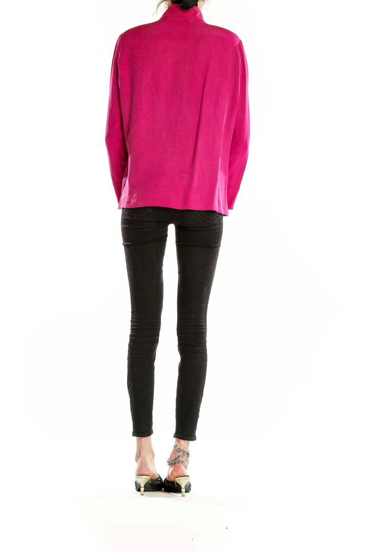 Back view of Dana Buchman hot pink silk blouse showing smooth drape and length