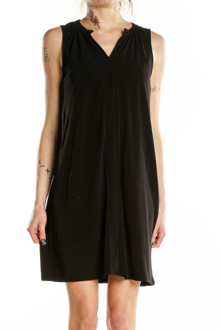 Front view of MICHAEL Michael Kors black sleeveless V-neck shift dress