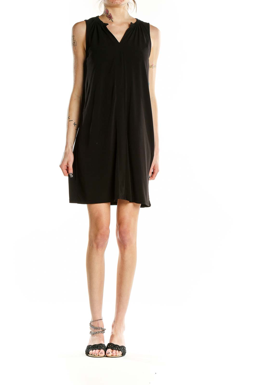 Front view of MICHAEL Michael Kors black sleeveless V-neck shift dress