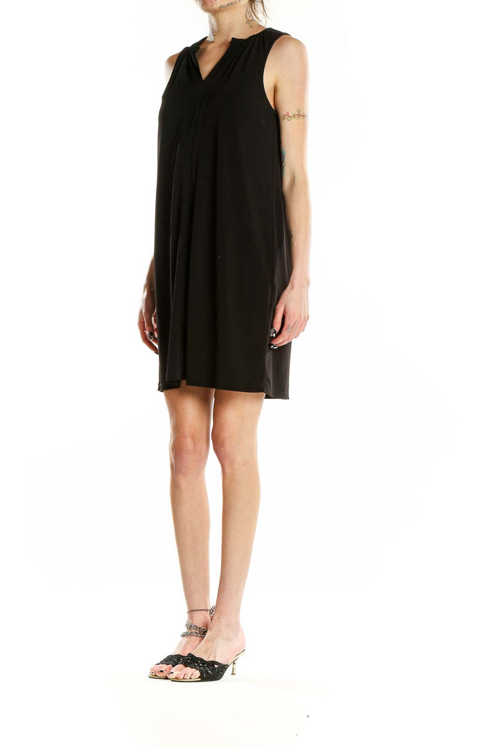 Front view of MICHAEL Michael Kors black sleeveless V-neck shift dress