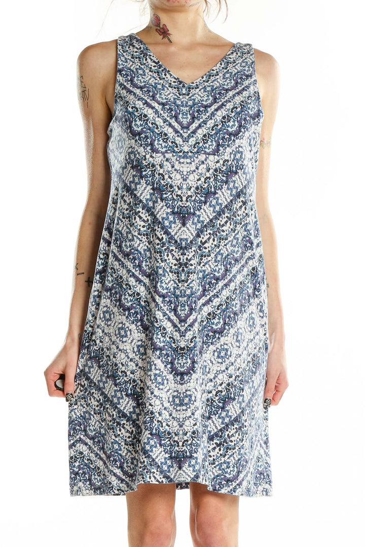 Front view of Athleta blue floral sleeveless summer dress