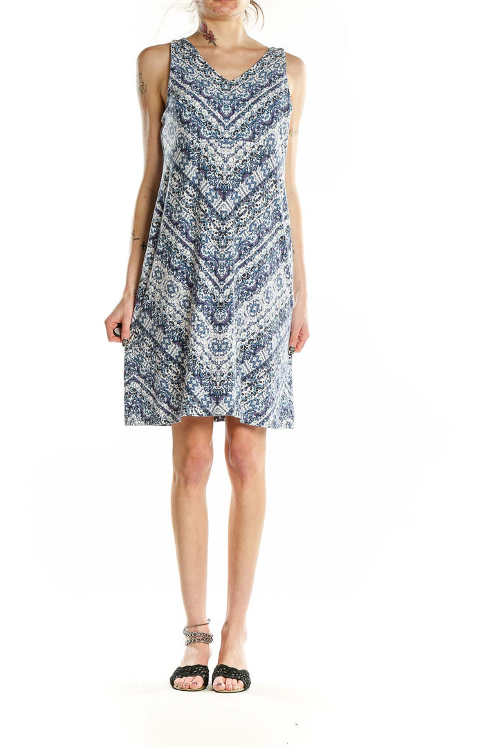 Front view of Athleta blue floral sleeveless summer dress