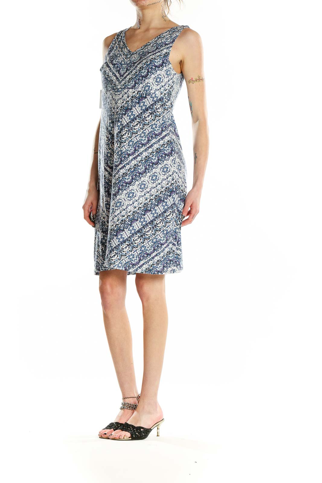 Front view of Athleta blue floral sleeveless summer dress