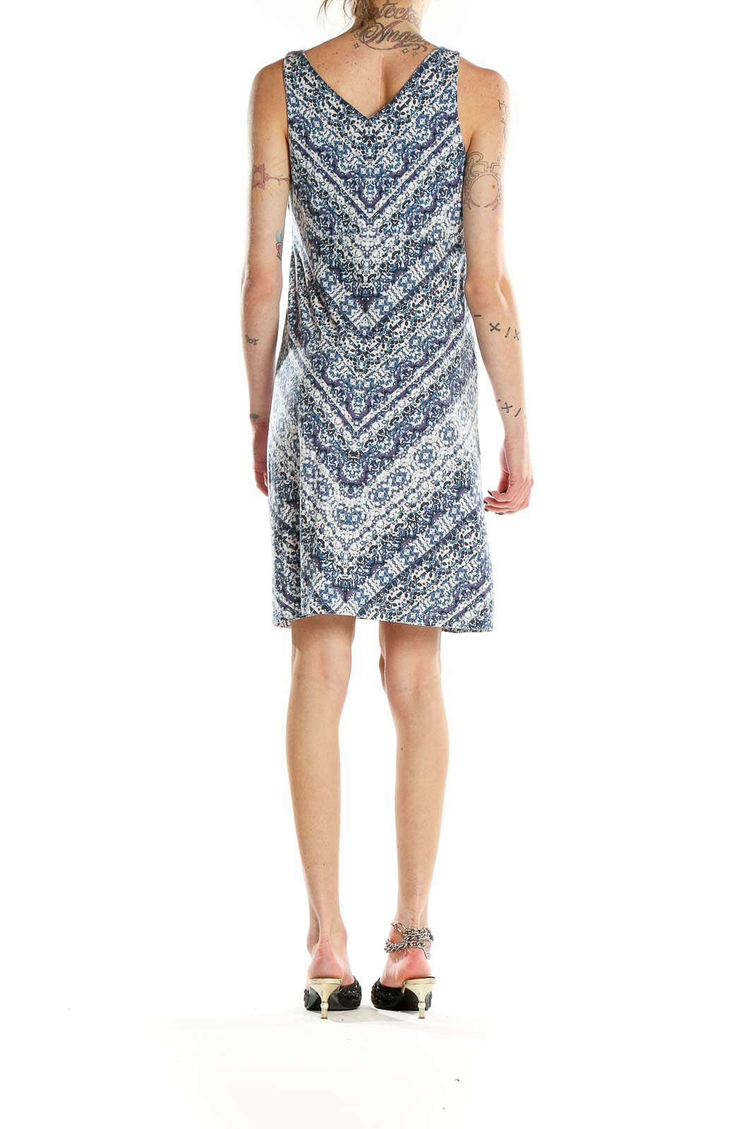 Back view of Athleta blue floral sleeveless summer dress