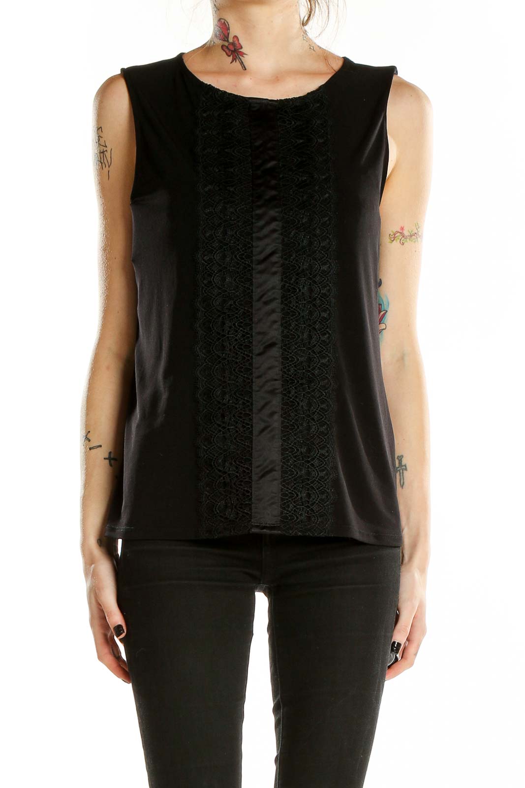 Front view of Banana Republic Black Sleeveless Lace Panel Top