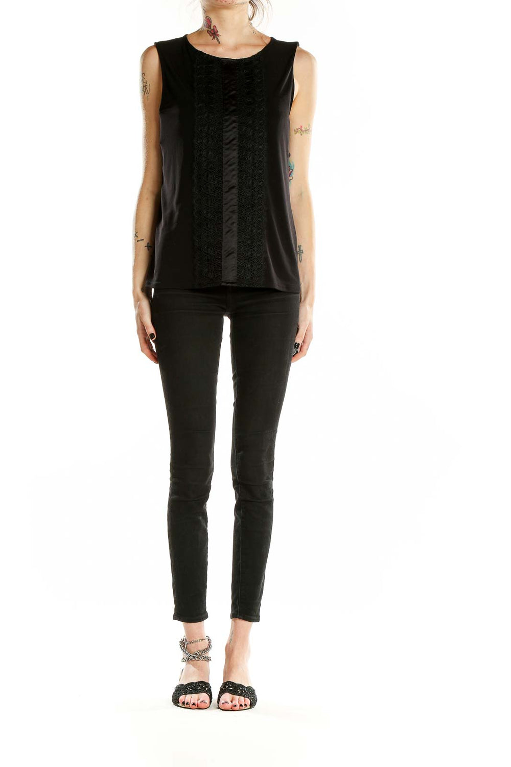 Front view of Banana Republic Black Sleeveless Lace Panel Top