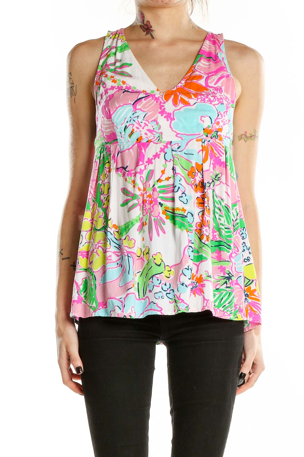 Front view of multicolor floral print sleeveless top by Lilly Pulitzer for Target