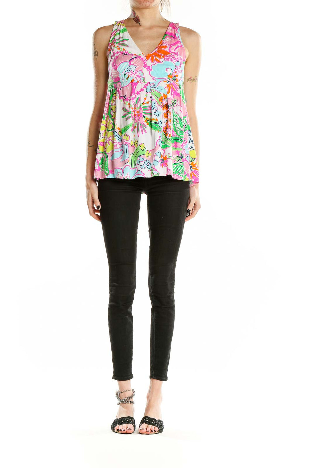 Front view of multicolor floral print sleeveless top by Lilly Pulitzer for Target