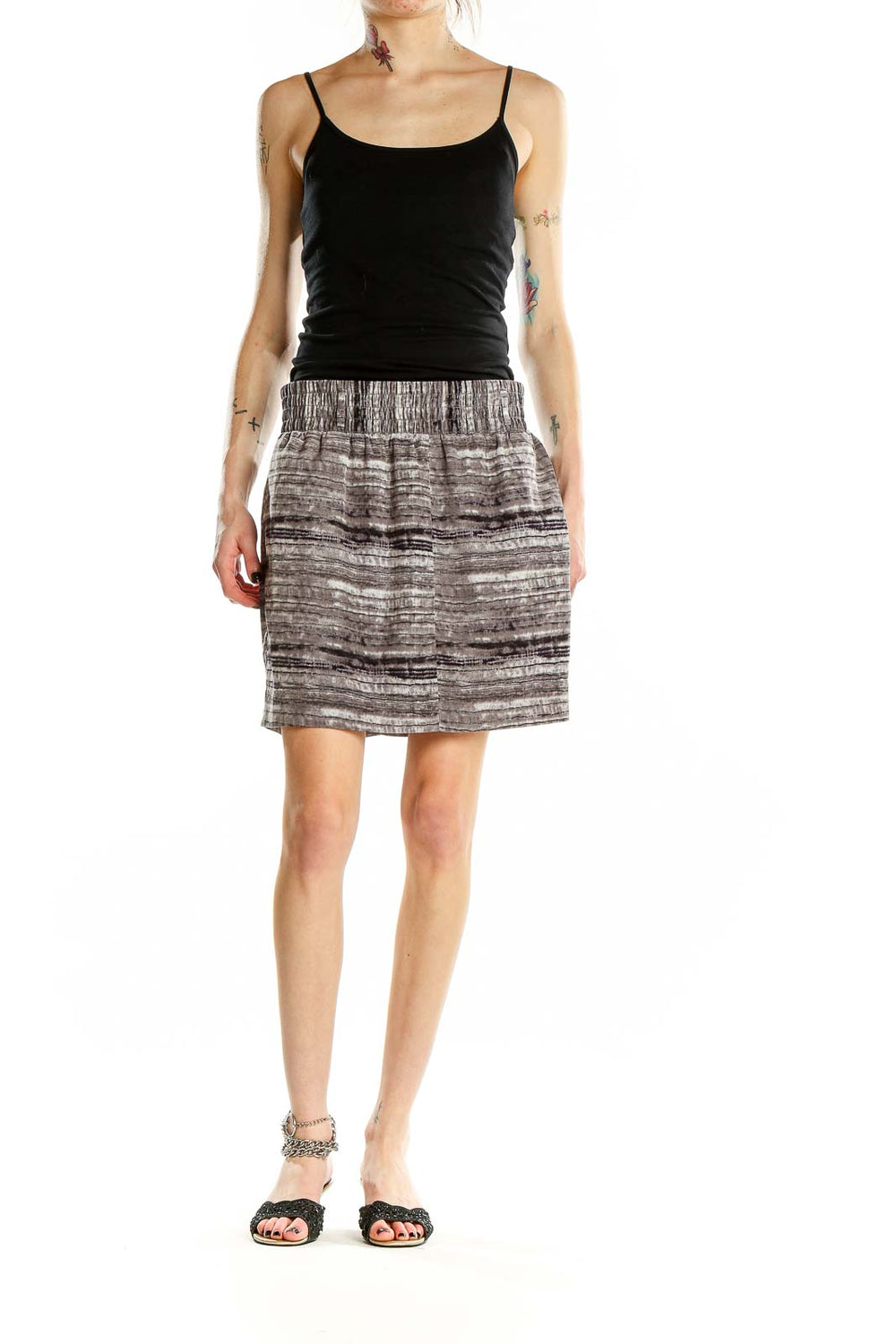 Front view of Gap gray striped polyester mini skirt