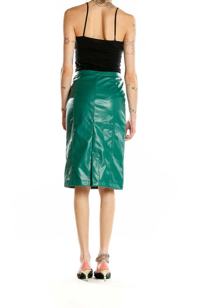 Back view of NSR green faux leather pencil skirt with slit