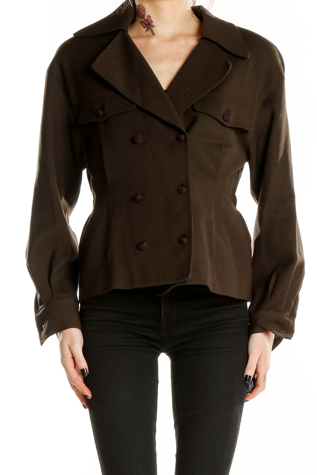 Front view of Dana Buchman brown double-breasted jacket