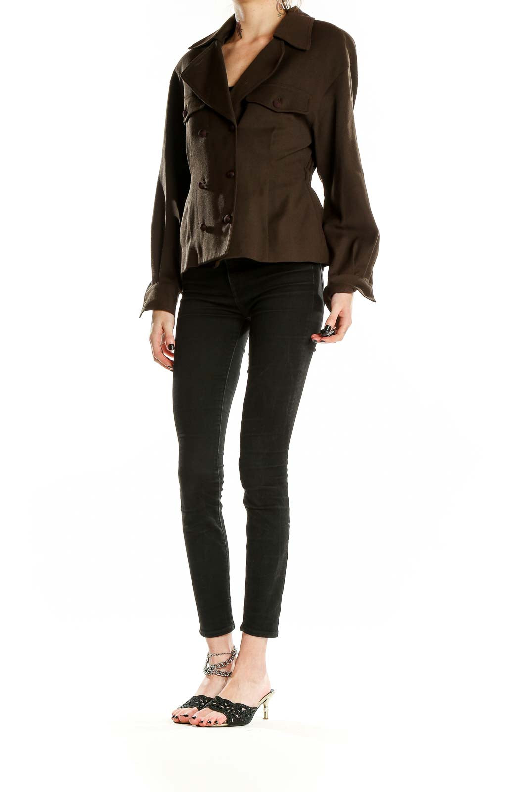 Front view of Dana Buchman brown double-breasted jacket