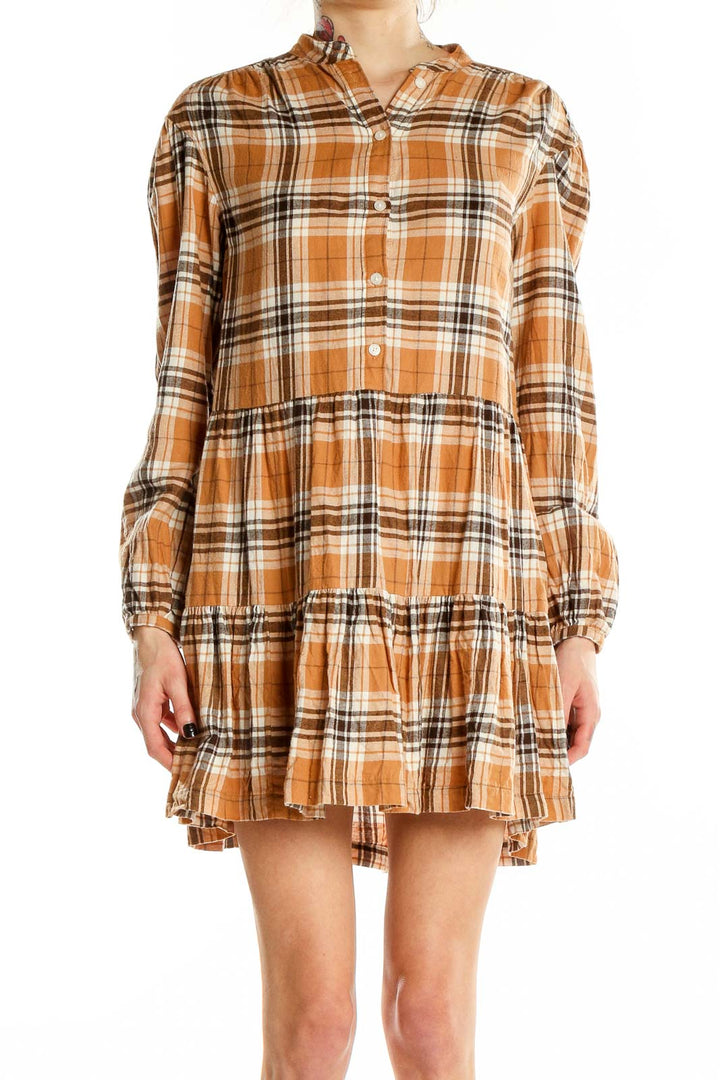 Front view of Gap orange plaid tiered cotton mini dress with button-up front