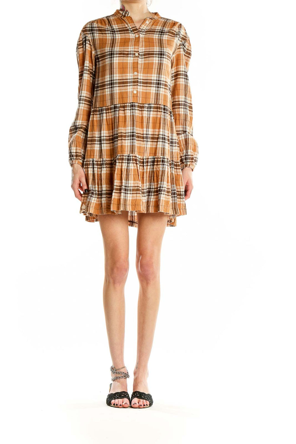 Front view of Gap orange plaid tiered cotton mini dress with button-up front